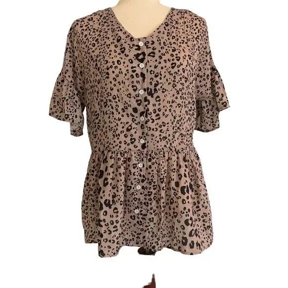 SHEIN Leopard Cheetah Print Brown Black Short Sleeve Top Button-Up Peplum Mediun - Picture 1 of 8